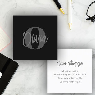 Cool Monochrome Black Grey Trendy Script Monogram Square Business Card