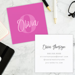 Cool Monochrome Preppy Pink Trendy Script Monogram Square Business Card