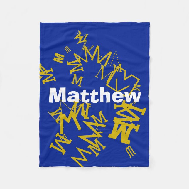 Cool monogram and name in navy blue & white fleece blanket (Front)