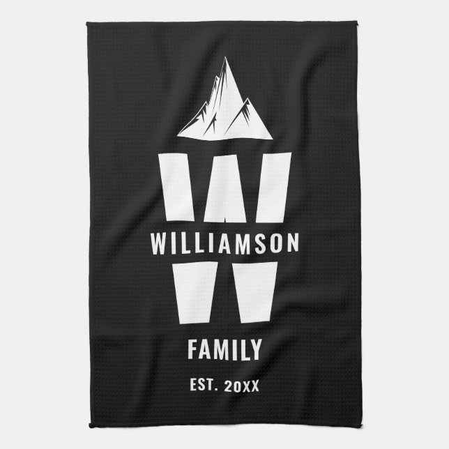 Cool Monogram Family Name Mountains Black White Kitchen Towel (Vertical)