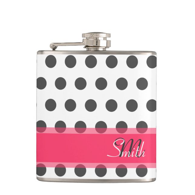 Cool monogram grey large polka dots pattern hip flask (Front)