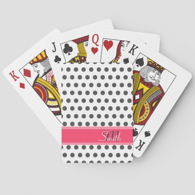 Cool monogram grey large polka dots pattern playing cards (Back)