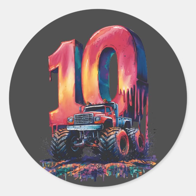 Cool Monstrous Truck Conquers Turning Ten. Classic Round Sticker (Front)