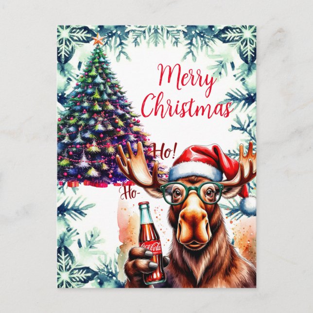 Cool Moose in Santa Hat Holiday Postcard (Front)