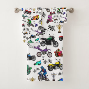 Cool Motorcycle Illustrations Pattern Bath Towel Set