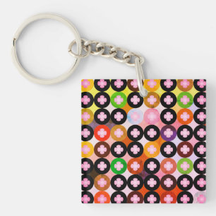 Cool Multi Coloured Circles & Pink Clovers Keychain
