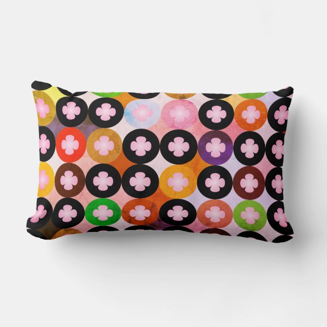 Cool Multi Coloured Circles & Pink Clovers Lumbar Pillow (Front)