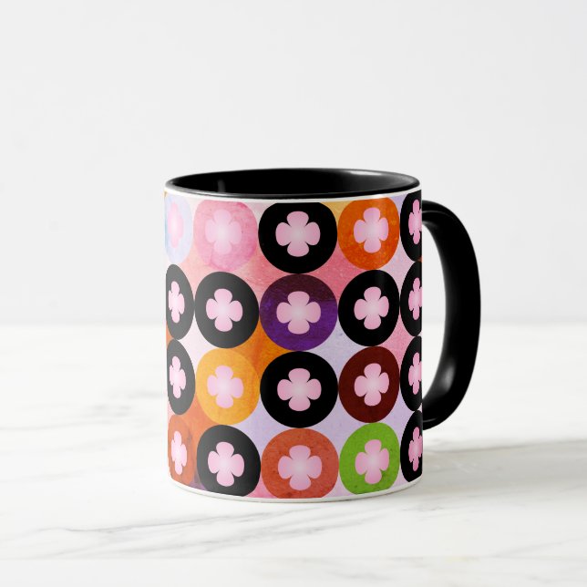 Cool Multi Coloured Circles & Pink Clovers Mug (Front Right)