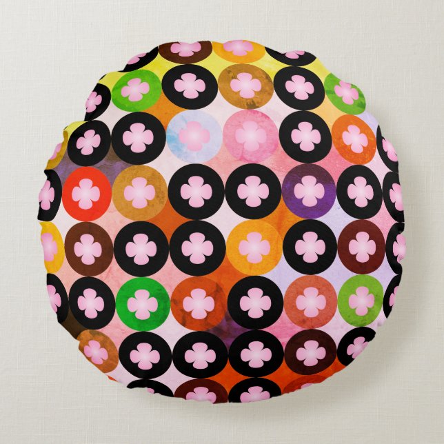 Cool Multi Coloured Circles & Pink Clovers Round Pillow (Front)