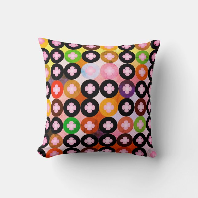 Cool Multi Coloured Circles & Pink Clovers Throw Pillow (Front)