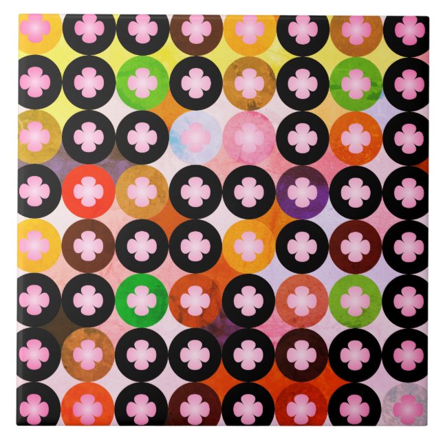Cool Multi Coloured Circles & Pink Clovers Tile (Front)