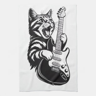 Cool Music Love   Rock Cat Playing Electric Guitar Kitchen Towel