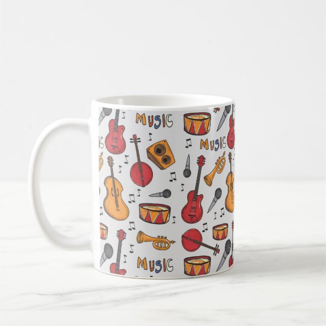 Cool Music Themed Banjo Drums Guitar Violin More Coffee Mug (Left)