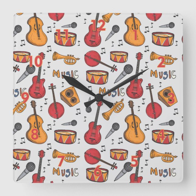 Cool Music Themed Banjo Drums Guitar Violin More Square Wall Clock (Front)