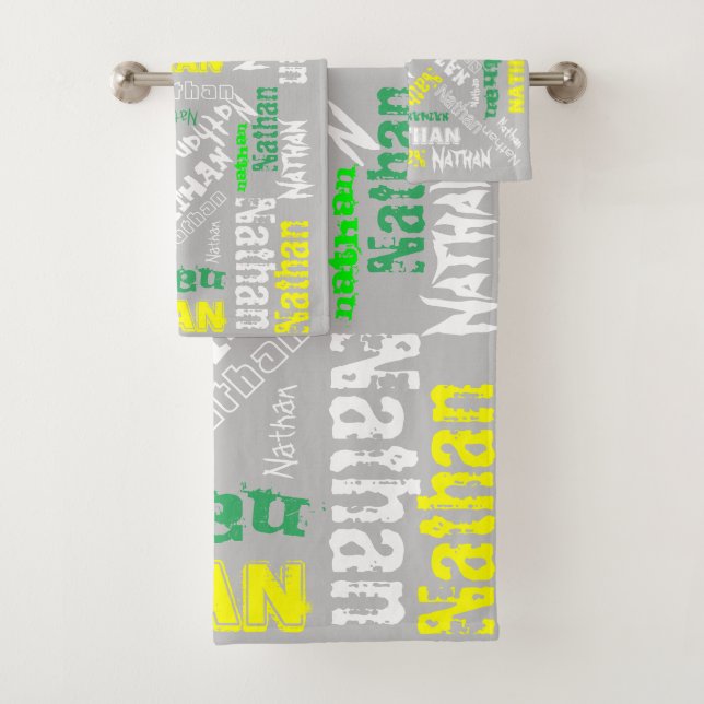 Cool Name Collage Modern Typography Custom Grey Bath Towel Set (Insitu)