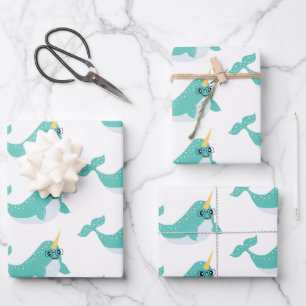 Cool Narwhals with Glasses Pattern Wrapping Paper Sheet