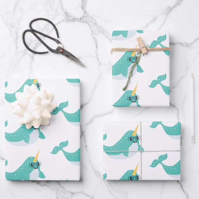 Cool Narwhals with Glasses Pattern Wrapping Paper Sheet (Front)