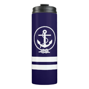 Cool Nautical Anchor and White Stripe Pattern Thermal Tumbler