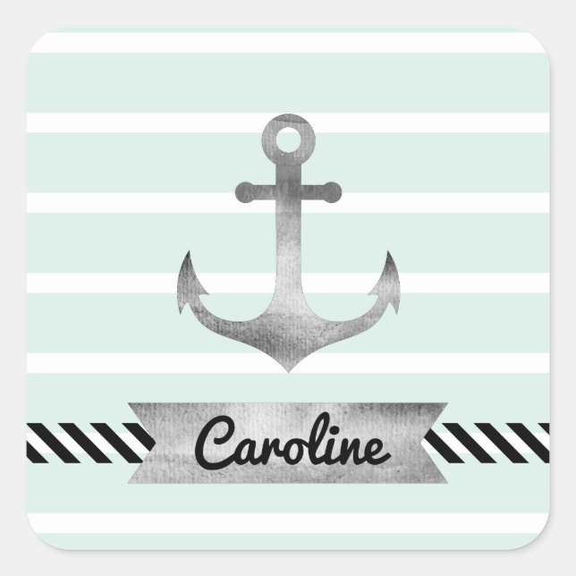 Cool Nautical Mint Stripes Anchor Personalized Square Sticker (Front)