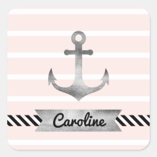 Cool nautical Pink Stripes Anchor Personalized Square Sticker