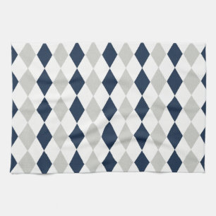 Cool Navy Blue and Grey Argyle Diamond Pattern Kitchen Towel