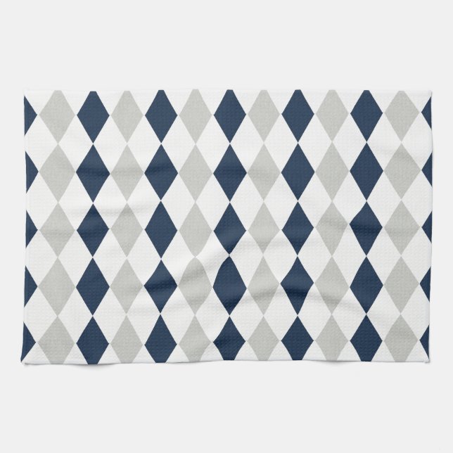 Cool Navy Blue and Grey Argyle Diamond Pattern Kitchen Towel (Horizontal)