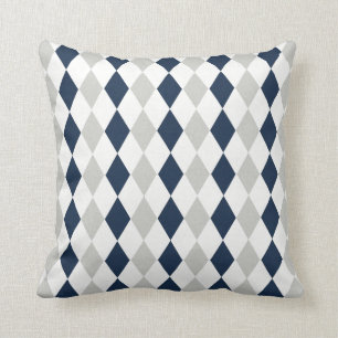 Cool Navy Blue and Grey Argyle Diamond Pattern Throw Pillow