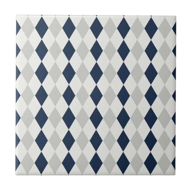 Cool Navy Blue and Grey Argyle Diamond Pattern Tile (Front)