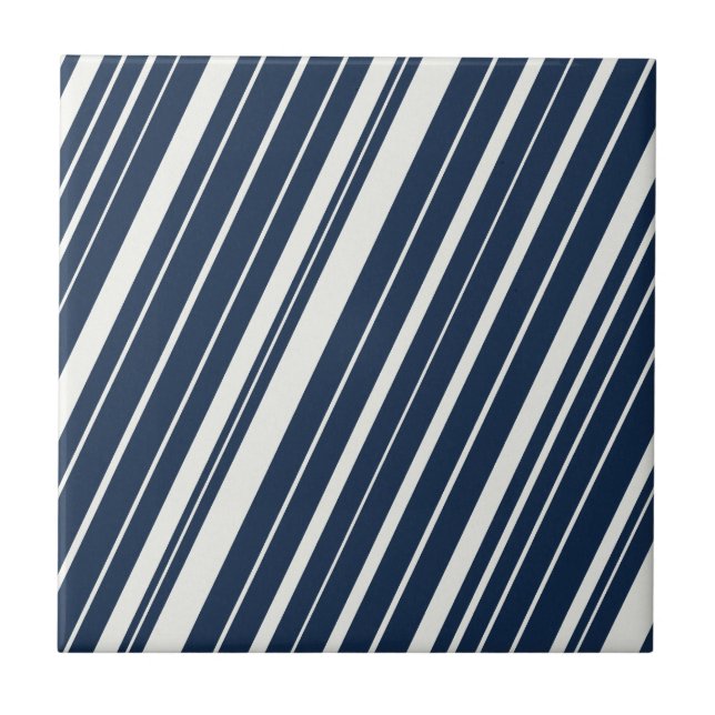 Cool Navy Blue and White Diagonal Stripes Pattern Tile (Front)