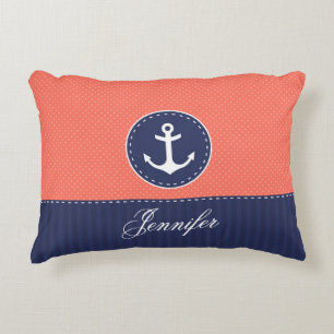 Cool Navy Blue Coral Anchor Personalized Text Accent Pillow