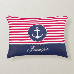 Cool Navy Blue Red Anchor Personalized Text Decorative Pillow