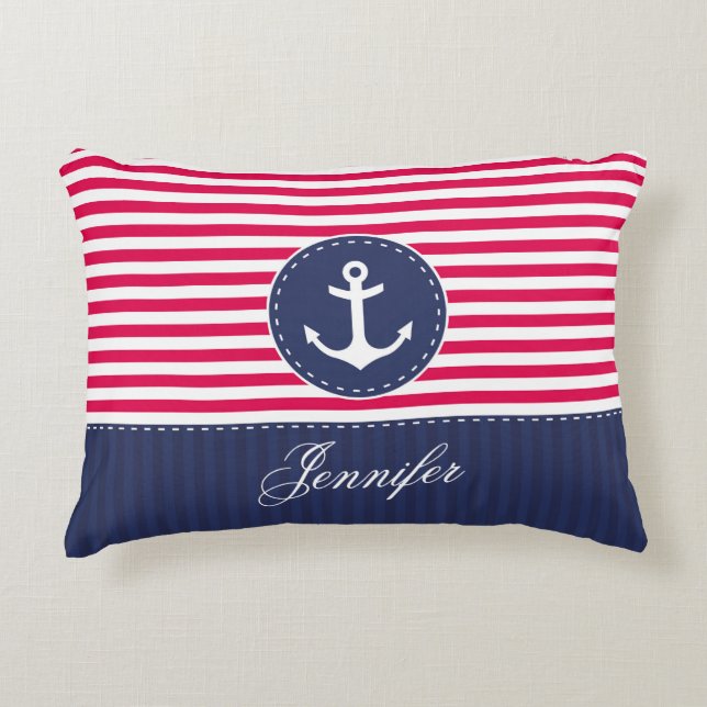Cool Navy Blue Red Anchor Personalized Text Decorative Pillow (Front)
