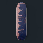 Cool Navy Blue Rose Gold Glitter Sparkle Drips Skateboard<br><div class="desc">Girly Cool Navy Blue and Pink Rose Gold Glitter Sparkle Drips Skateboard with faux glitter drips and your personalized name on a chic navy blue background. Easy to customize and perfect for your glitter aesthetic.</div>