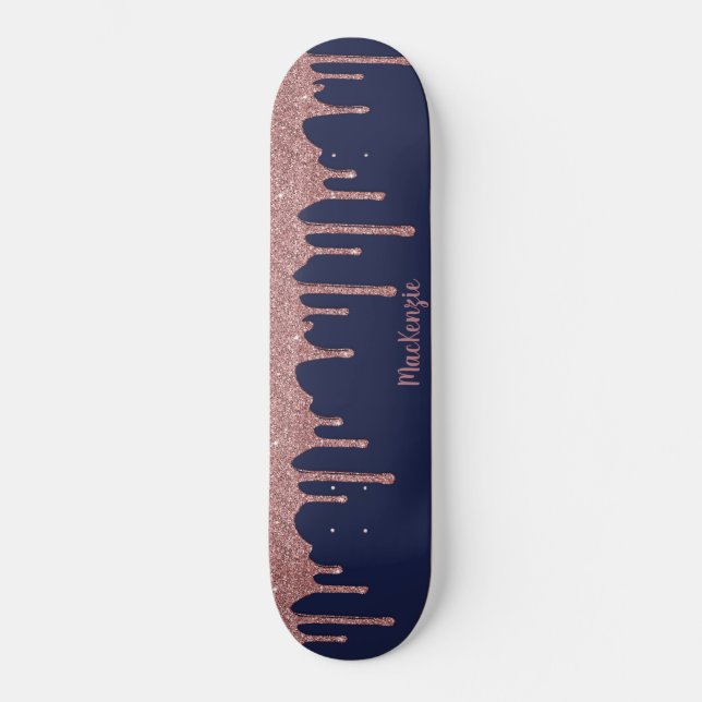 Cool Navy Blue Rose Gold Glitter Sparkle Drips Skateboard (Front)
