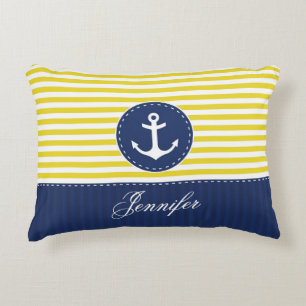 Cool Navy Blue Yellow Anchor Personalized Text Accent Pillow