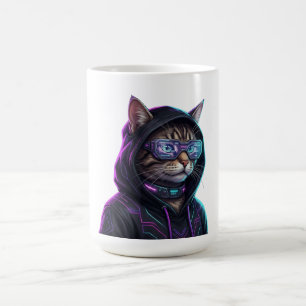 Cool Neon Cyberpunk Tabby Cat Futuristic Gamer Coffee Mug