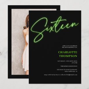 Cool neon green script retro black photo Sweet 16 Invitation
