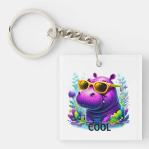 Cool Neon Hippo Lounging in the Swamp Keychain