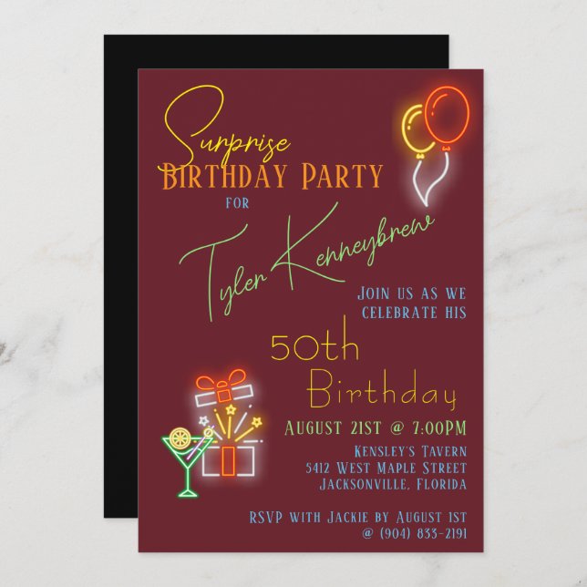 Cool Neon-Inspired Surprise Birthday Party Invitation (Front/Back)