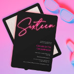 Cool neon pink script retro black photo Sweet 16 Invitation<br><div class="desc">Cool neon pink script retro black photo Sweet 16 neon birthday invitation.</div>