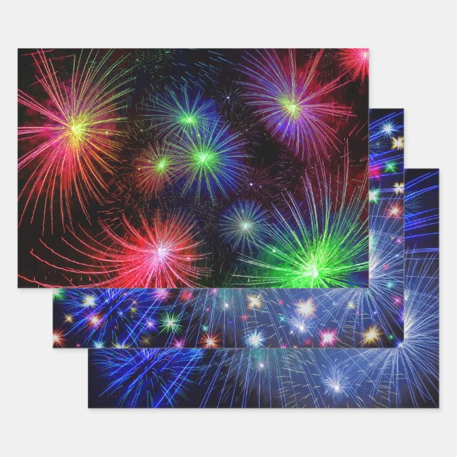 Cool New Years Eve Colourful Fireworks in Black Sk Wrapping Paper Sheet (Set)