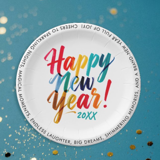 Cool New Years Eve Colourful Rainbow Brush Script Paper Plate (Creator Uploaded)