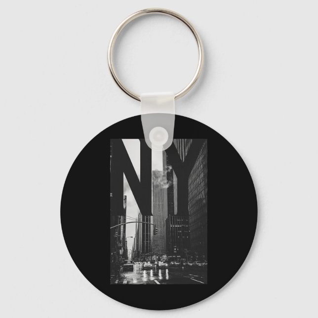 Cool New York City Abstract Skyline, Black &amp; W Keychain (Front)