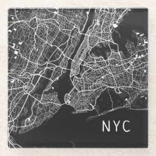 Cool New York City Map   NYC   Black & White Glass Coaster