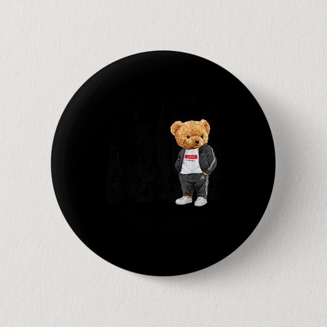 Cool New York City Teddy Bear Illustration Graphic 2 Inch Round Button (Front)