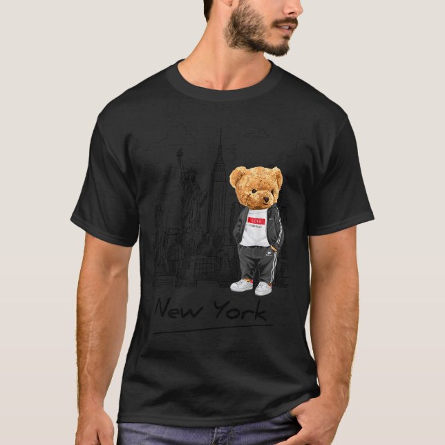 Cool New York City Teddy Bear Illustration Graphic T-Shirt (Front)