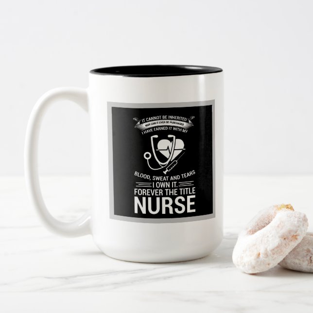 cool Nurse title word art add monogram Two-Tone Coffee Mug (With Donut)