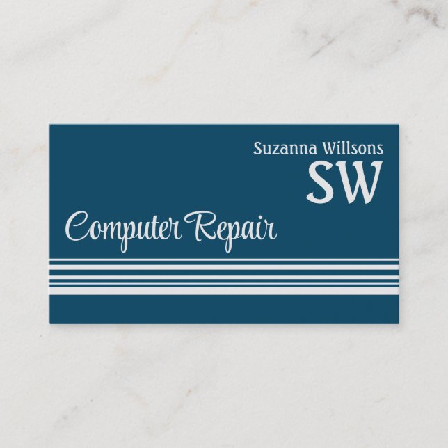 Cool Ocean Blue Light Grey with Monogram and Photo Business Card (Front)