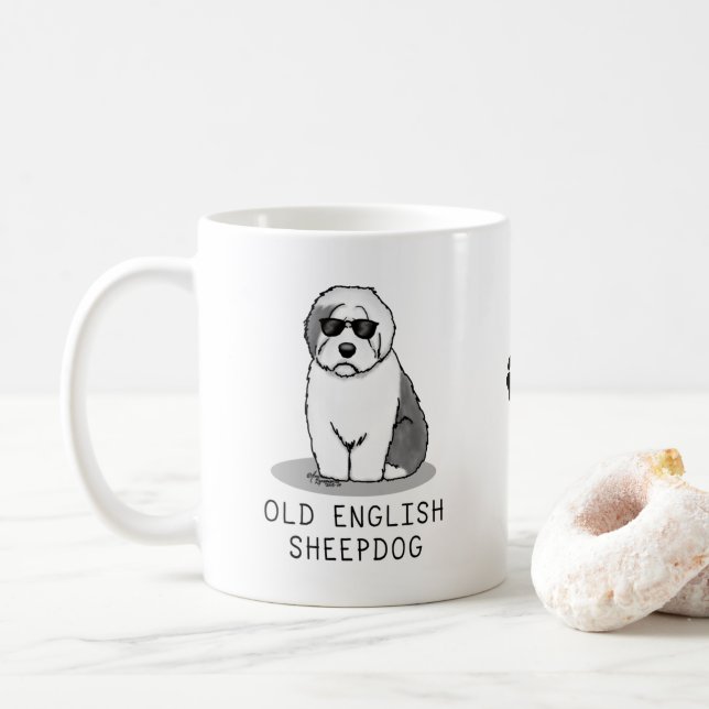 Cool Old English Sheepdog (Grey 1) Cute Funny Coffee Mug (With Donut)