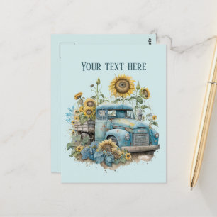 Cool old Farmers truck sunflowers add text Postcard